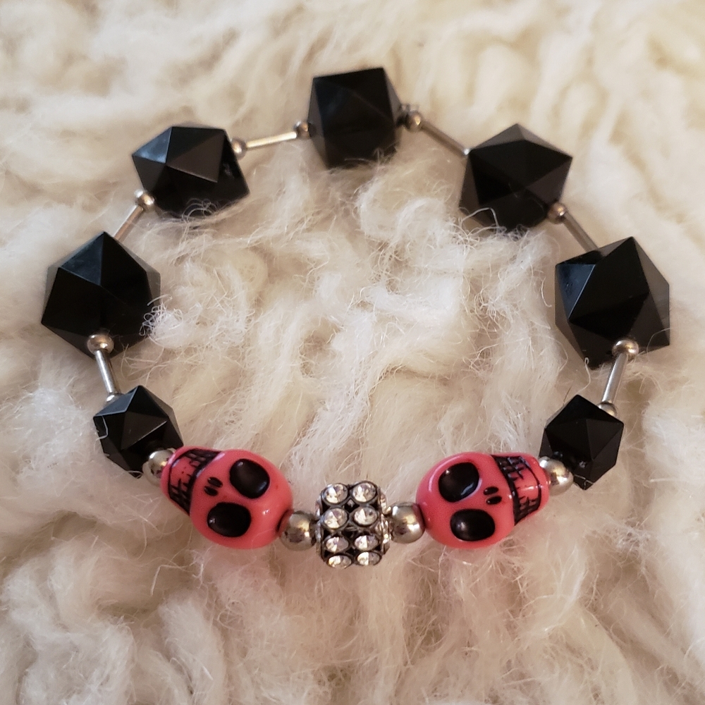 Pink Skull, Rhinestone and Black Beaded Bracelet